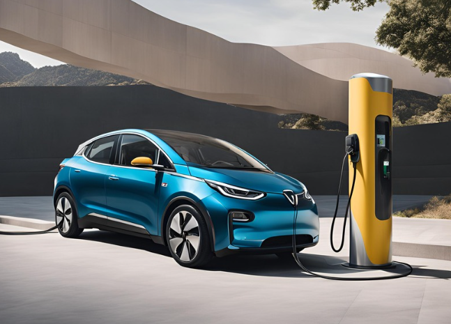 Coche eléctrico azul cargando