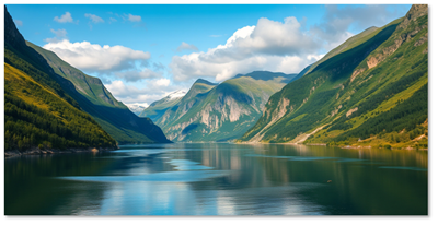 valle con lago, rodeado de altas montañas verdes
