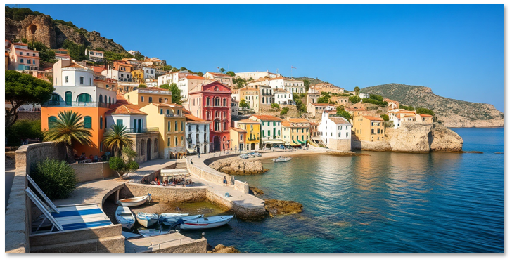 Pueblo costero, colorido, mediterraneo